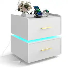 Costway - 1 PCS Nightstand with Charging Station,LED Bedside Table with 2 Storage Drawers - White