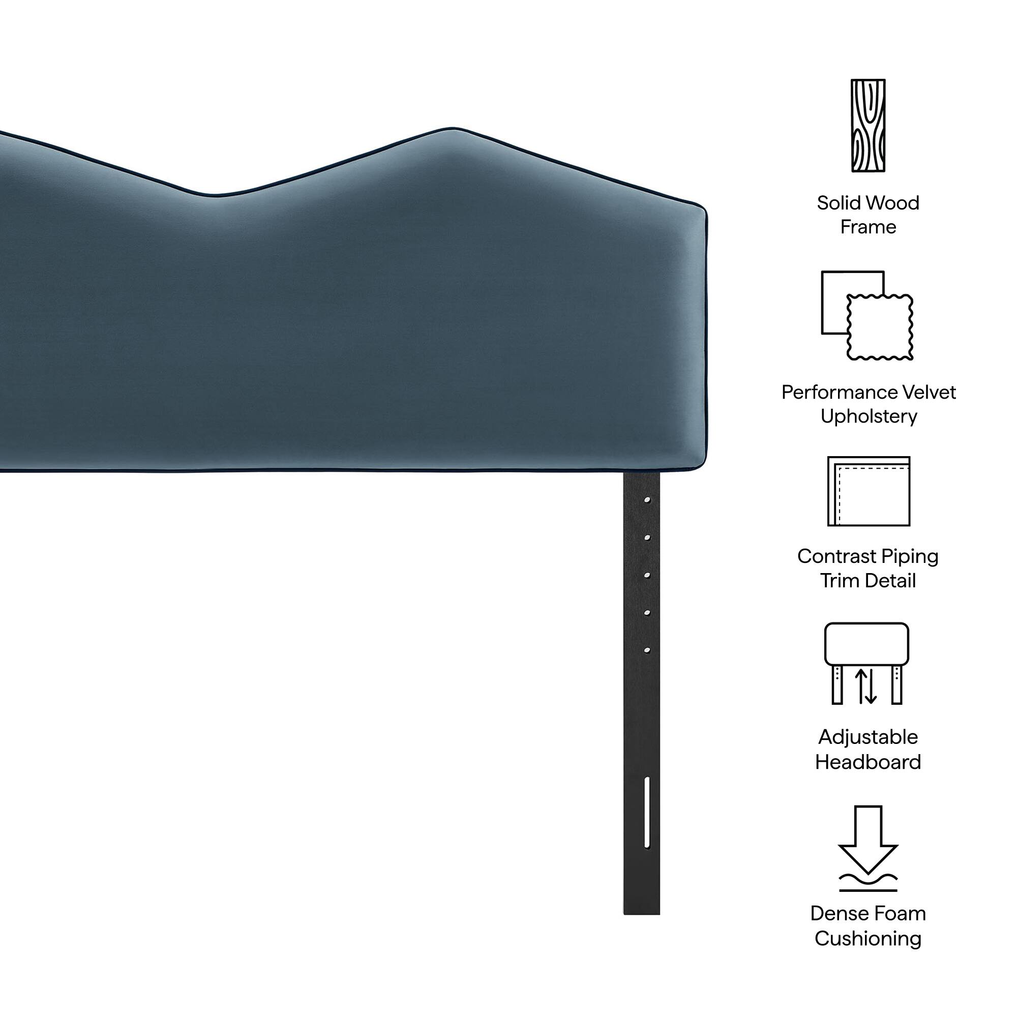 Solid Wood Frame  
Performance Velvet Upholstery  
Contrast Piping Trim Detail  
Adjustable Headboard  
Dense Foam Cushioning