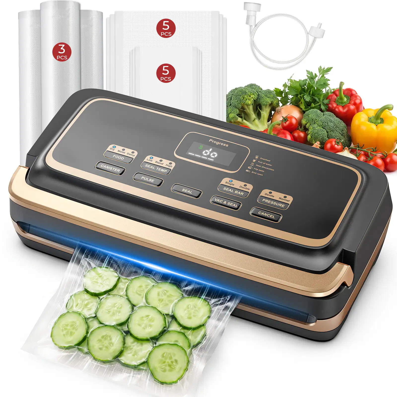 5 PCS  
3 PCS  
5 PCS  

Dry Moist FOOD Gamp Lotel Stand High CANISTER SEAL TEMP PULSE  
SEAL  
Progress Full of water Heat Fire - Resistant Dink Single SEAL Double BAR Gentle VAC & PRESSURE Normal SEAL CANCEL