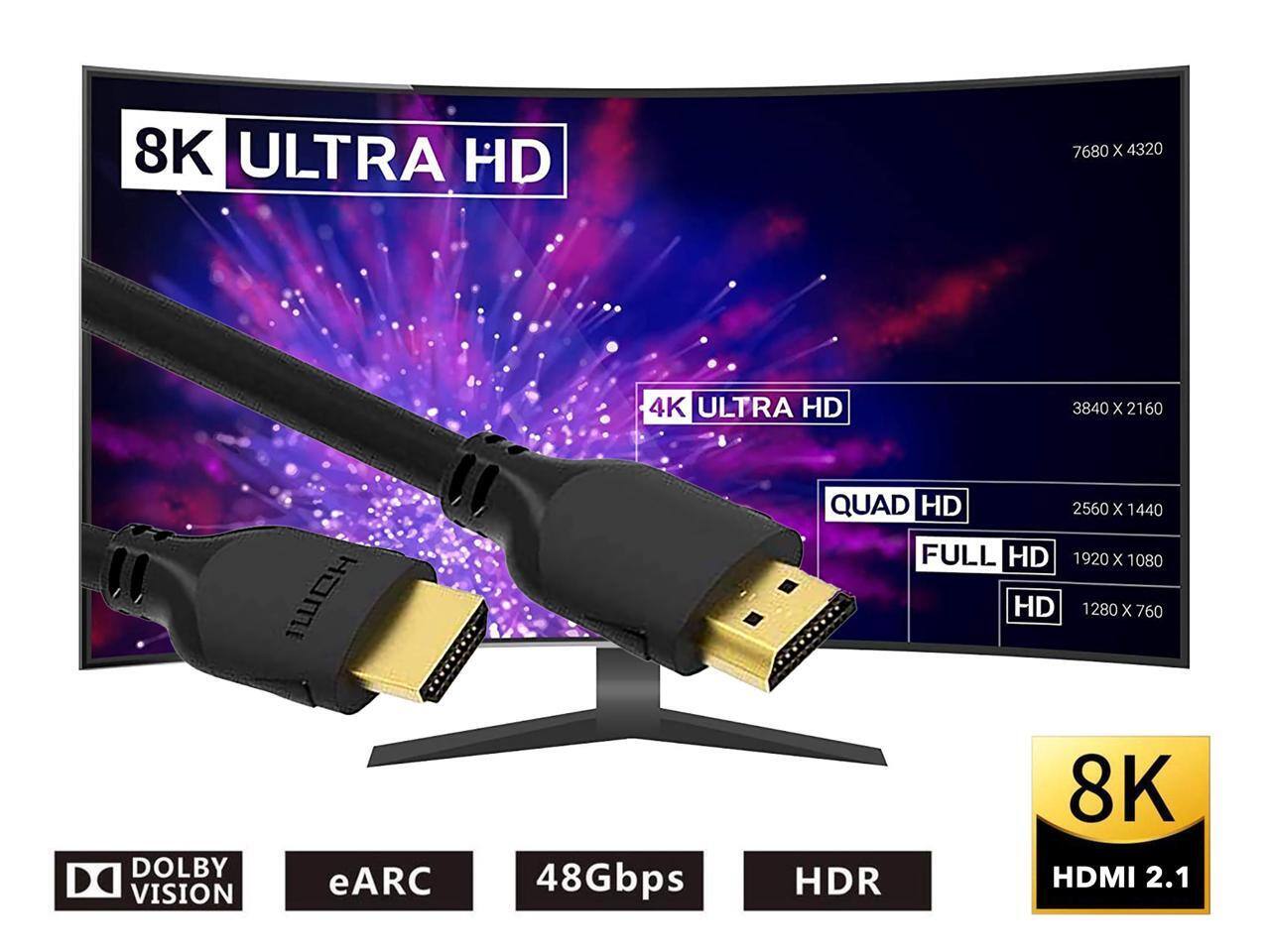 8K ULTRA HD 7680 x 4320  
4K ULTRA HD 3840 x 2160  
QUAD HD 2560 x 1440  
FULL HD 1920 x 1080  
HD 1280 x 760  
DOLBY VISION  
eARC  
48Gbps  
HDR  
8K HDMI 2.1