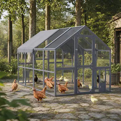 Front. RYHNUYNE - 110 in Outdoor Pet Enclosure, Walk-in Chicken Coop, Waterproof Cover, Galvanized Wire Mesh, 56.54 sq ft.