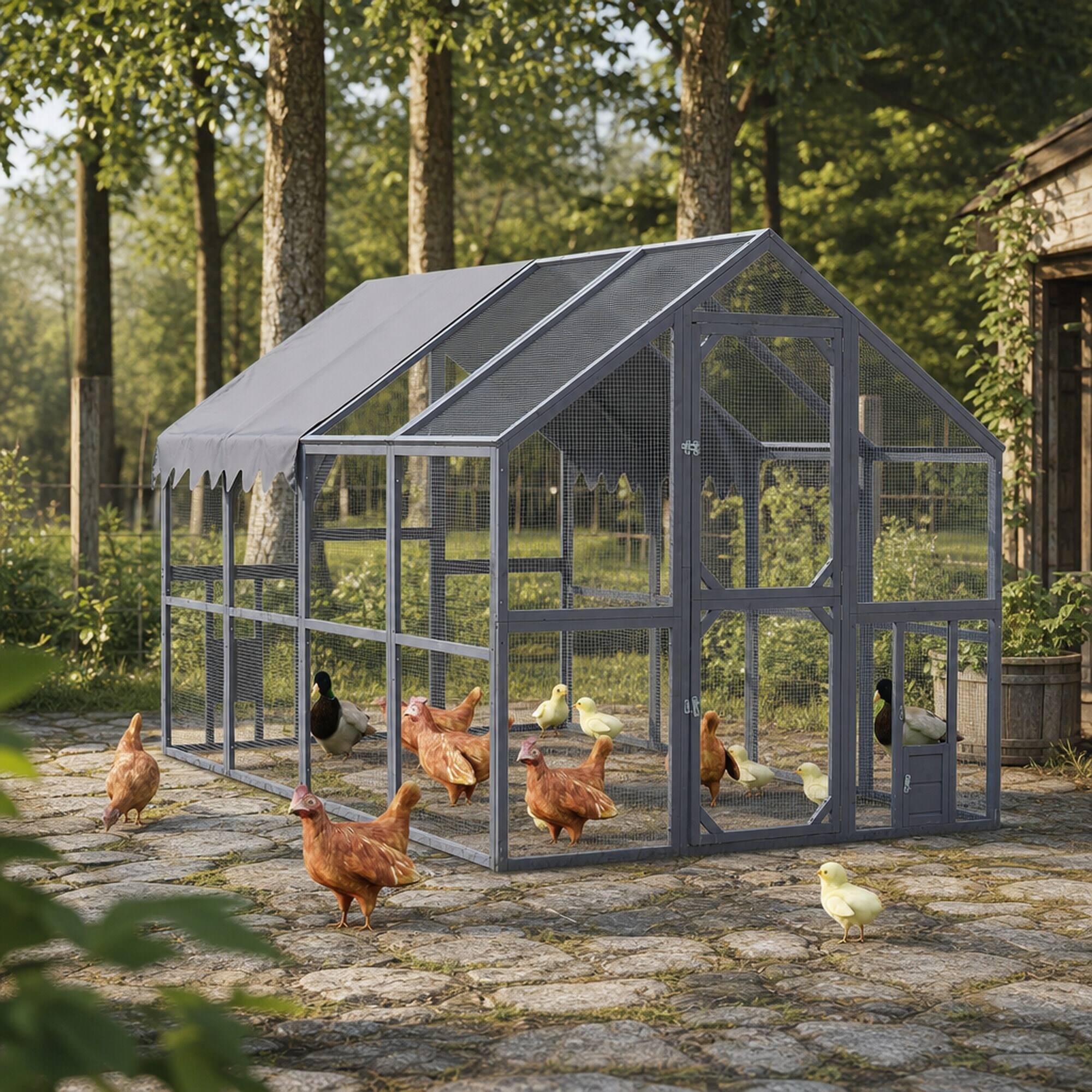 Front. RYHNUYNE - 110 in Outdoor Pet Enclosure, Walk-in Chicken Coop, Waterproof Cover, Galvanized Wire Mesh, 56.54 sq ft.