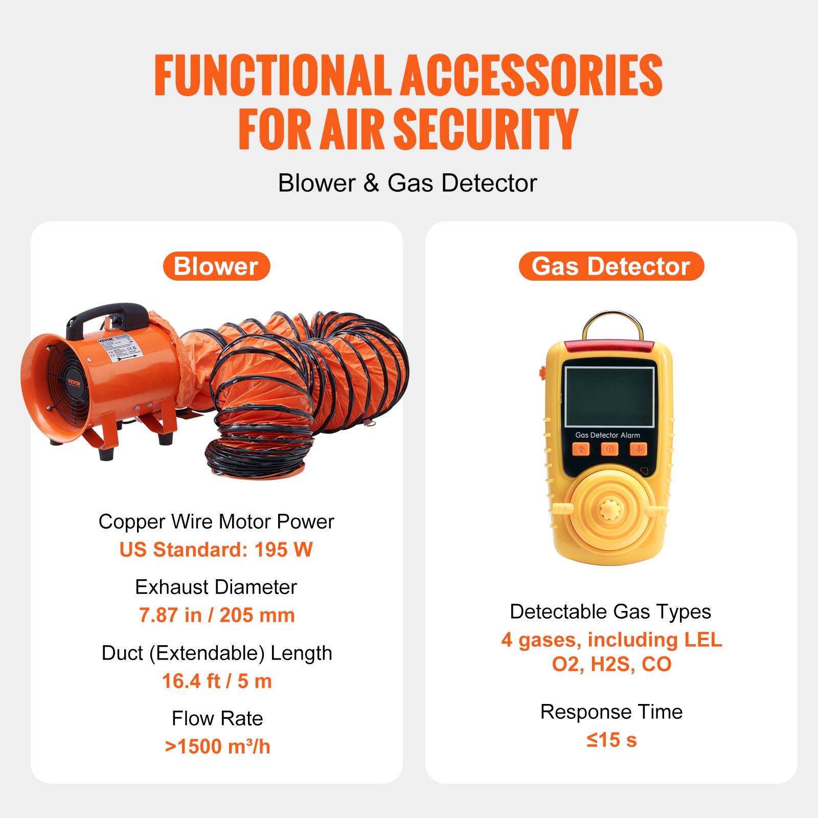 FUNCTIONAL ACCESSORIES FOR AIR SECURITY

Blower & Gas Detector

Blower
- Copper Wire Motor Power
- US Standard: 195 W
- Exhaust Diameter: 7.87 in / 205 mm
- Duct (Extendable) Length: 16.4 ft / 5 m
- Flow Rate: >1500 m³/h

Gas Detector
- Detectable Gas Types: 4 gases, including LEL, O2, H2S, CO
- Response Time: ≤15 s