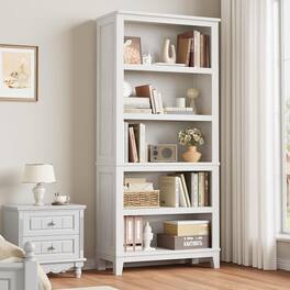 Acekool - 71" Tall 5-Tier Farmhouse Bookcase with Adjustable Shelves, 31.5" Wide Wooden Bookshelf for Living Room - White