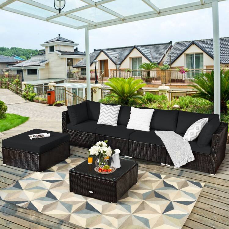 Left. SlickBlue - 6-Piece Outdoor Rattan Sectional Sofa Set with Cushions and Coffee Table - Black.
