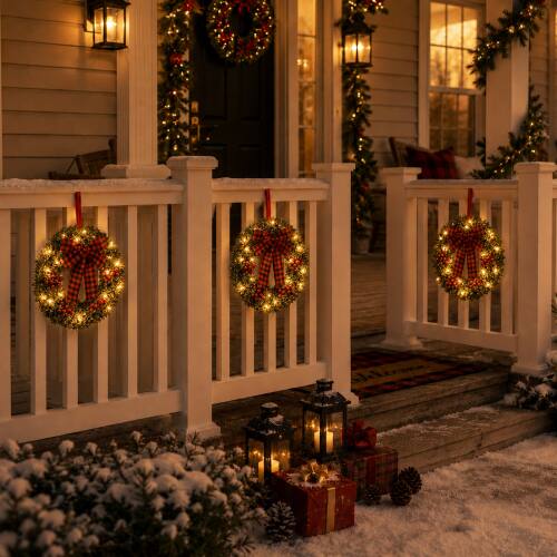 Alt View 7. Winado - 14in Solar Christmas Wreath 3PCS Wall Mount with LED Light, Red Bow Berries for Outdoor Holiday Party Display Decoration - Green.
