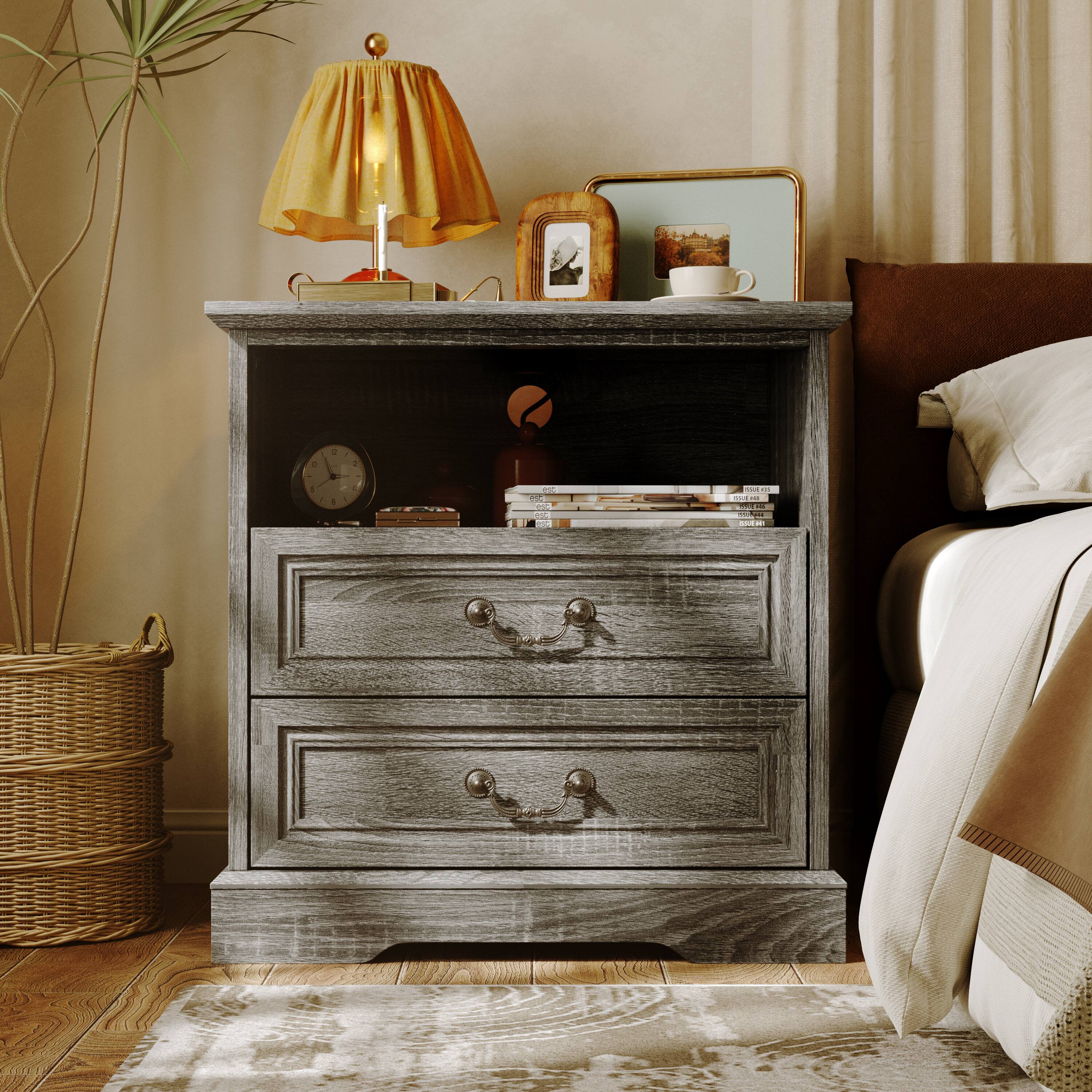 Back. Famapy - Farmhouse 2-Drawer Nightstand with Charging Station & Open Shelf, Rustic Bedside Table for Bedroom Furniture - Gray.
