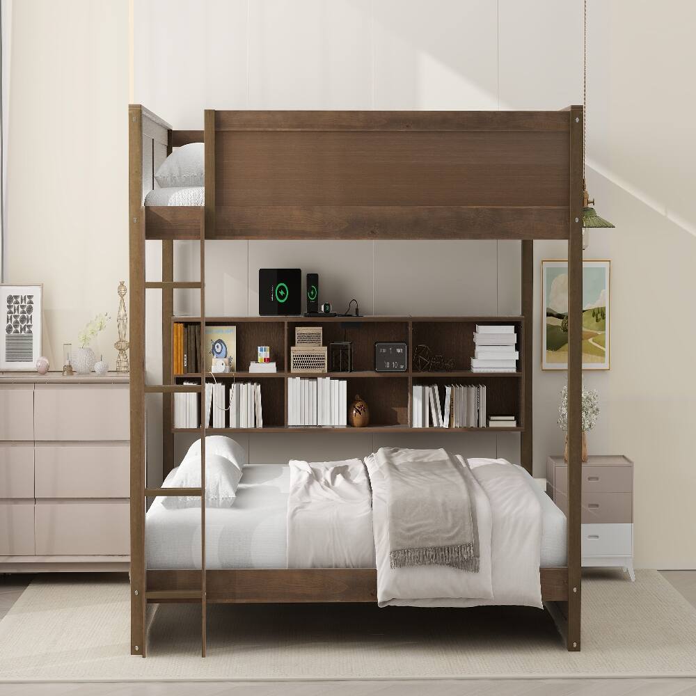 Alt View 1. Loheer - Loheer Queen Over Queen Bunk Bed with Storage Cabinets and USB Ports Antique Wood - Antique Wood.
