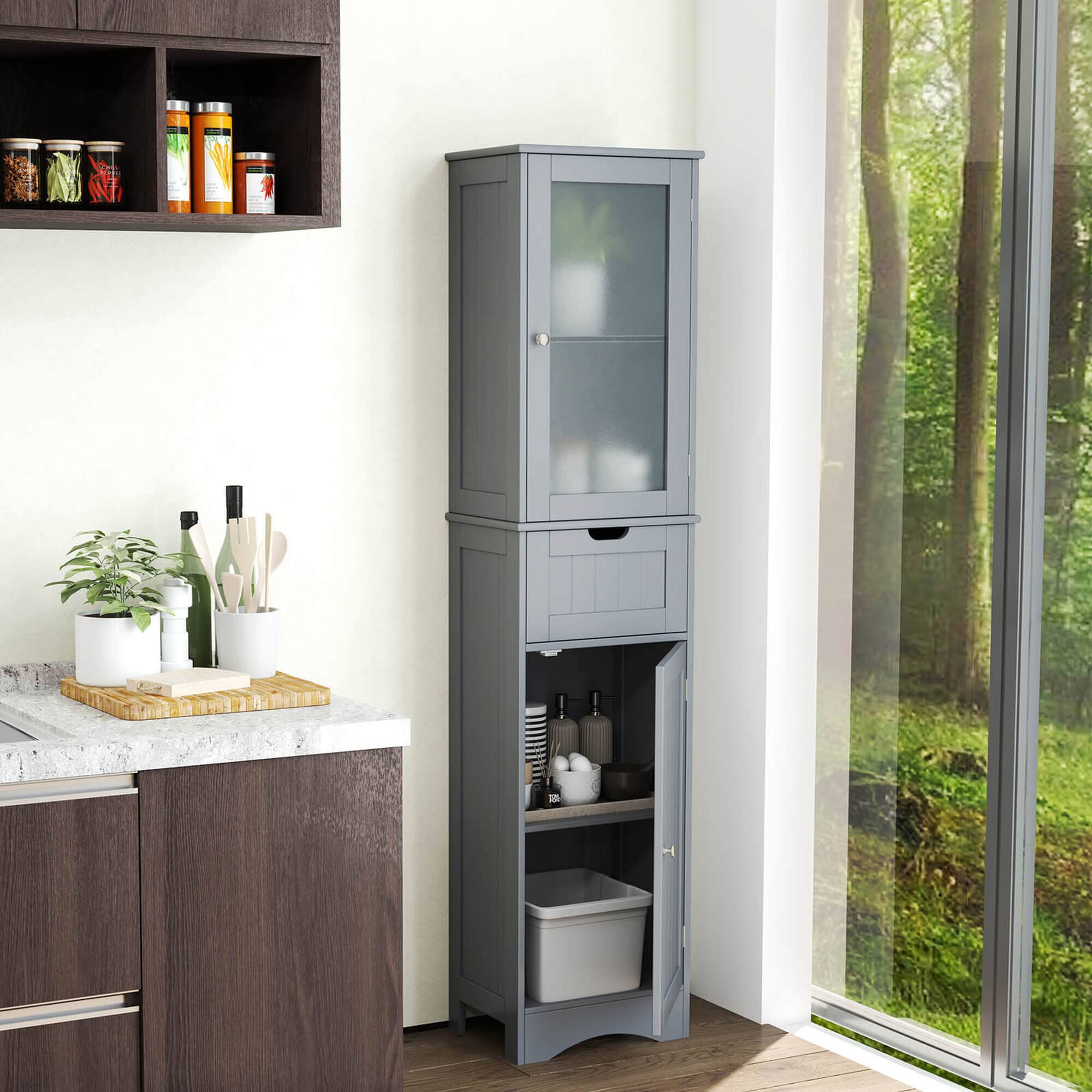 Alt View 1. Costway - Costway Bathroom Floor Cabinet with Adjustable Shelves Glass Door Cabinet Deep Drawer - Gray.