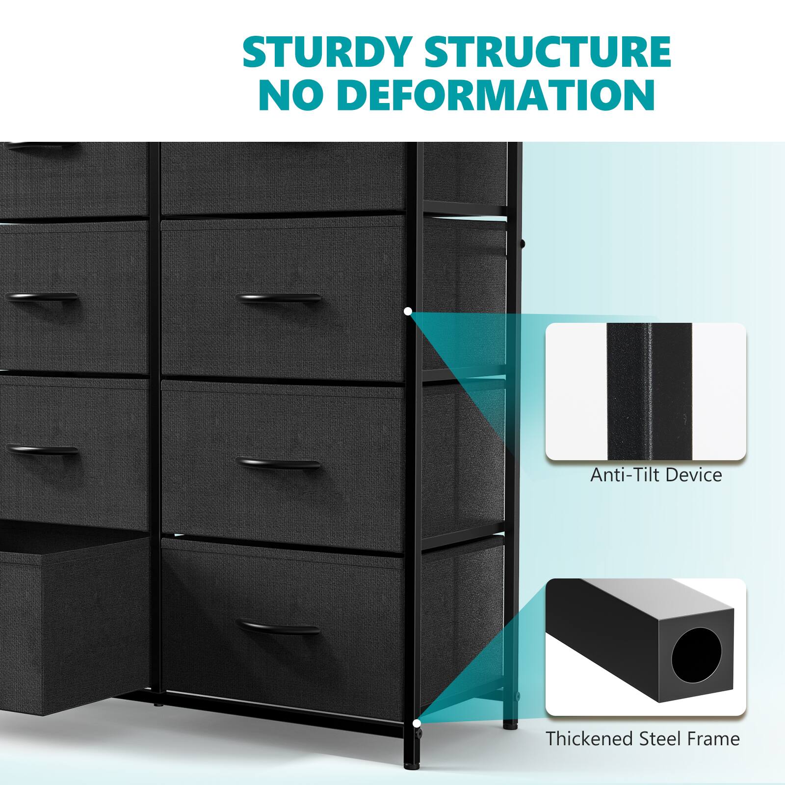 The image features a sturdy structure with no deformation, thanks to the anti-tilt device and thickened steel frame. The frame is made of stainless steel, providing a durable and long-lasting storage solution.
