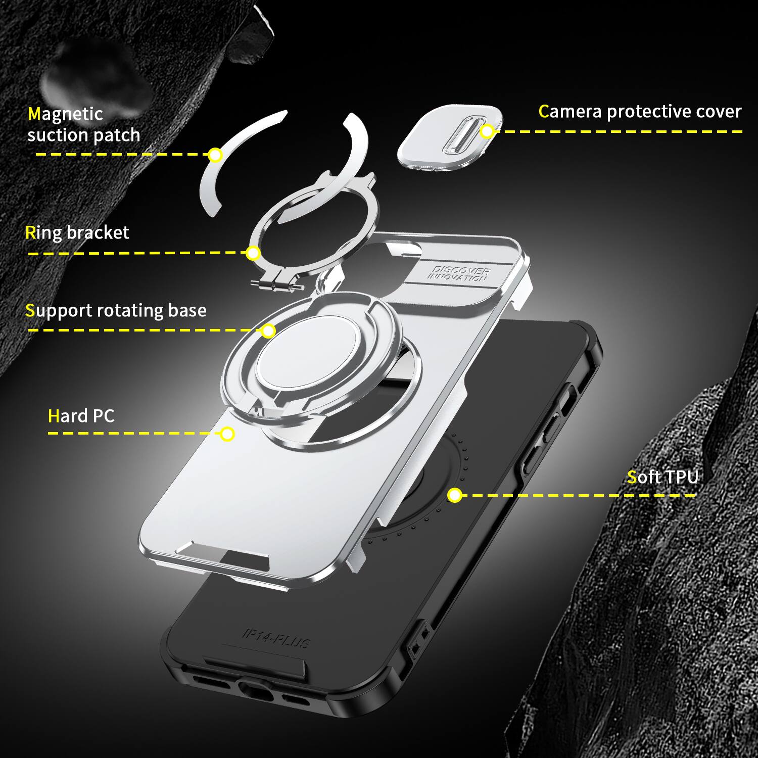 Magnetic suction patch  
Camera protective cover  
Ring bracket  
Support rotating base  
Hard PC  
Soft TPU  
IP14-PLUS