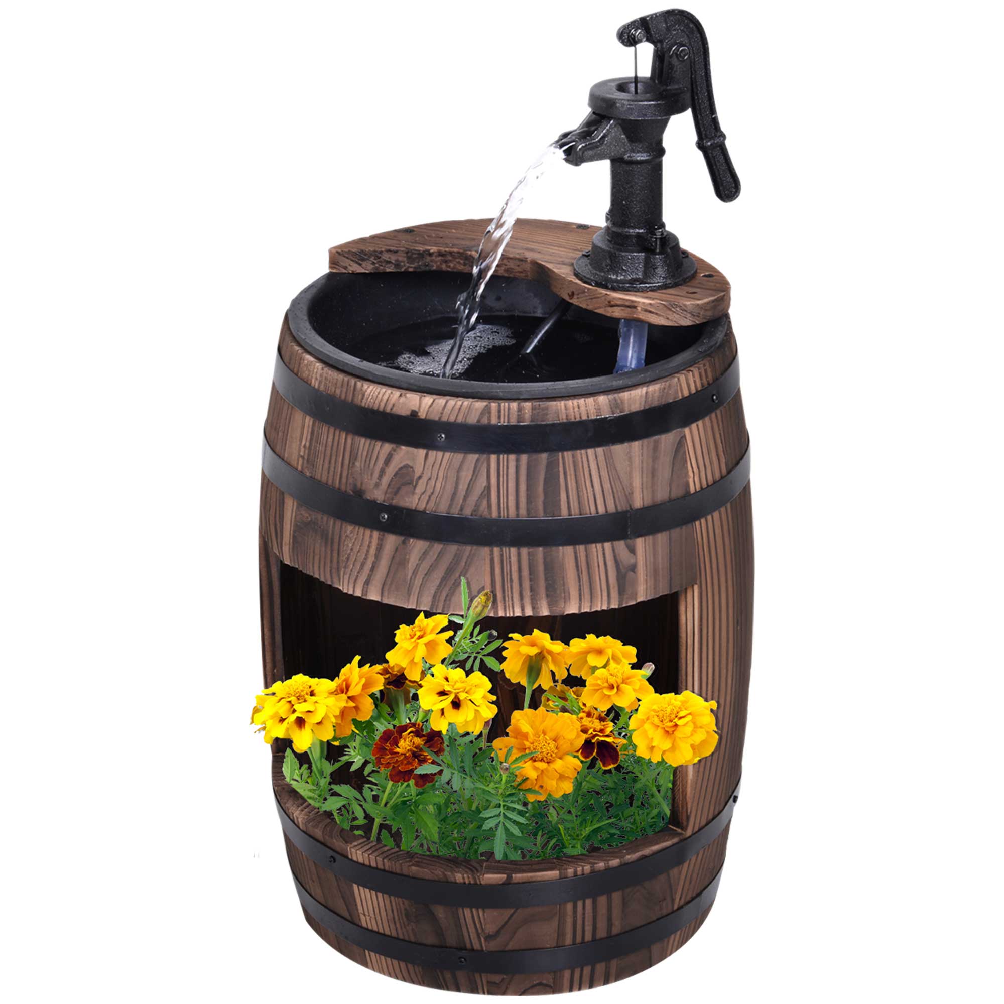 Front. Outsunny - 23" H Outdoor Water Fountain Wood and Plastic Rustic Apple Barrel Pump Garden Decor for Outside Backyard - Carbonized.