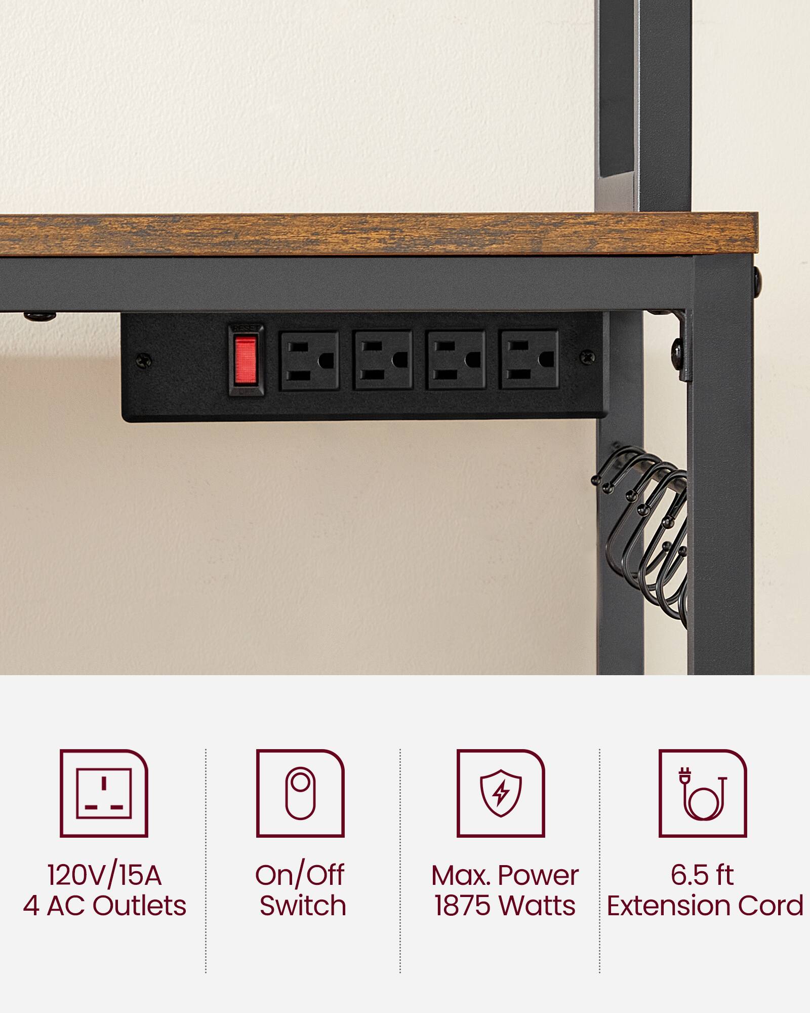 120V/15A 4 AC Outlets  
On/Off Switch  
Max. Power 1875 Watts  
6.5 ft Extension Cord
