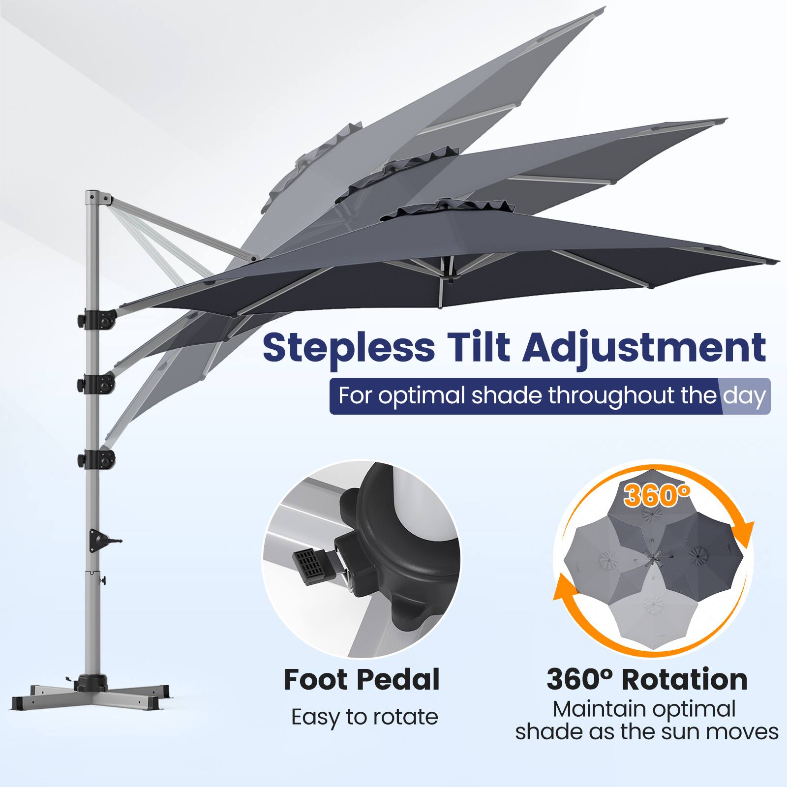 Stepless Tilt Adjustment For optimal shade throughout the day

360°

Foot Pedal Easy to rotate

360° Rotation Maintain optimal shade as the sun moves