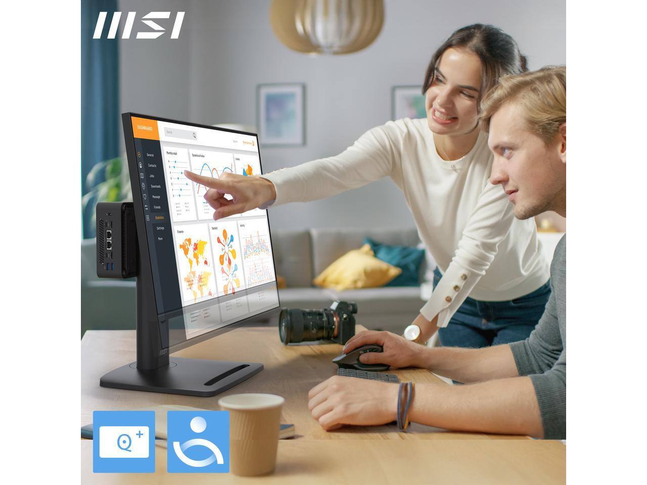 The text in the image is:

- "MSI" (logo at the top left)
- "LASHGUARD" (on the monitor)
- "Dashboard" (on the monitor)
- "Notifications" (on the monitor)
- "Security data" (on the monitor)
- "Settings" (on the monitor)
- "Contacts" (on the monitor)
- "Devices" (on the monitor)
- "Firewall" (on the monitor)
- "Network" (on the monitor)
- "Settings" (on the monitor)
- "Updates" (on the monitor)
- "Statistics" (on the monitor)
- "Reports" (on the monitor)
- "Support" (on the monitor)
- "About" (on the monitor)

The text in the bottom left corner is not clearly readable.