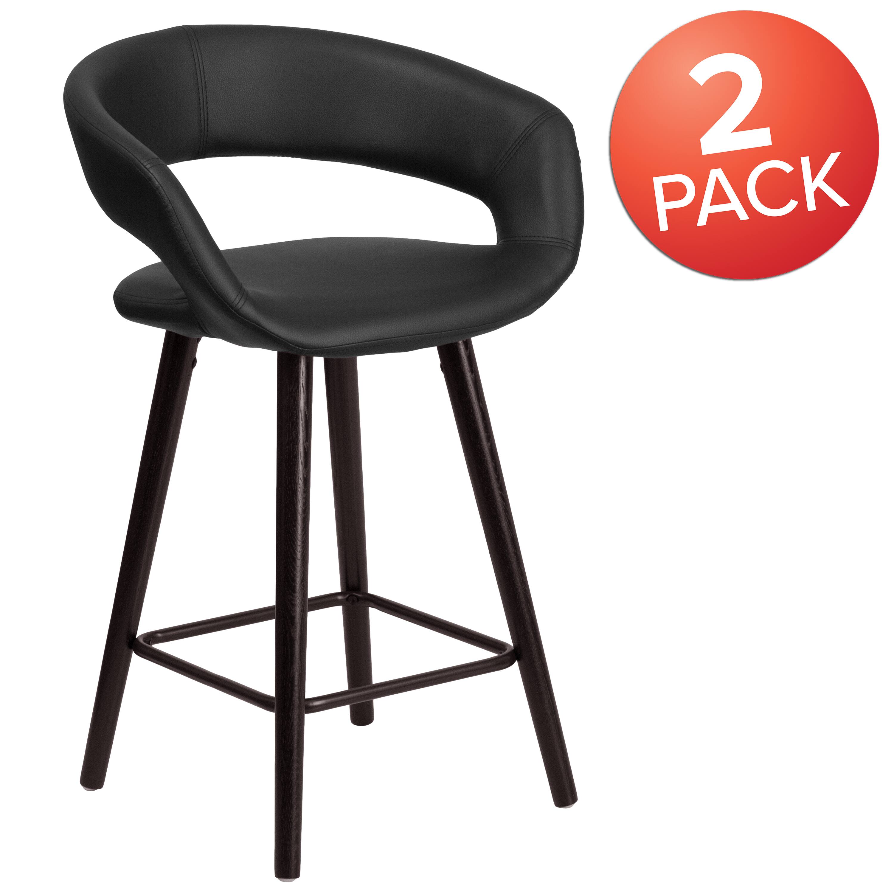 Alt View 2. Emma + Oliver - 2 Pk. 24'' High Contemporary Vinyl Counter Height Stool with Cappuccino Wood Frame - Black.