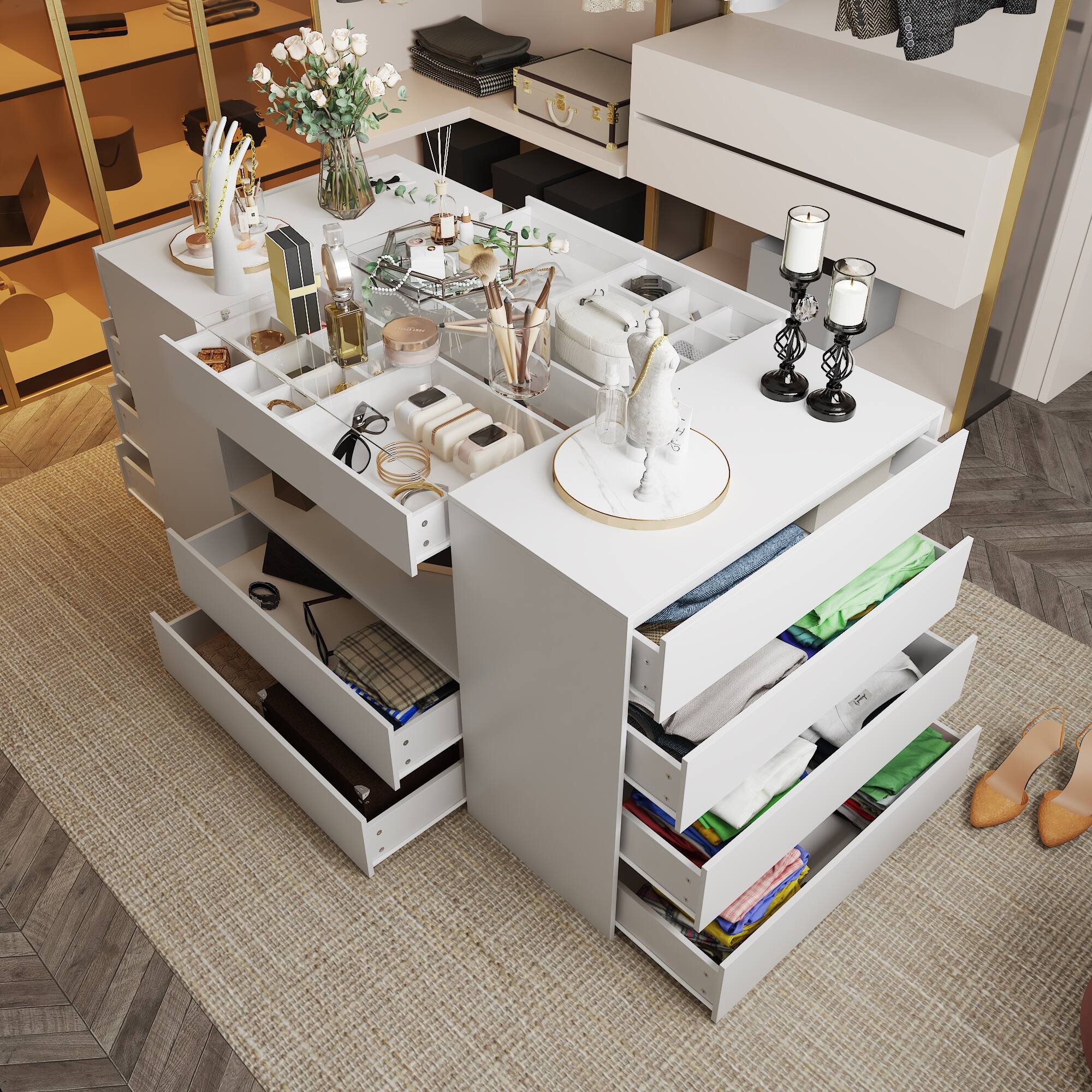 Alt View 5. Famapy - Famapy Multifunctional Closet Island Dresser with Glass Top & Organized Drawers - White.
