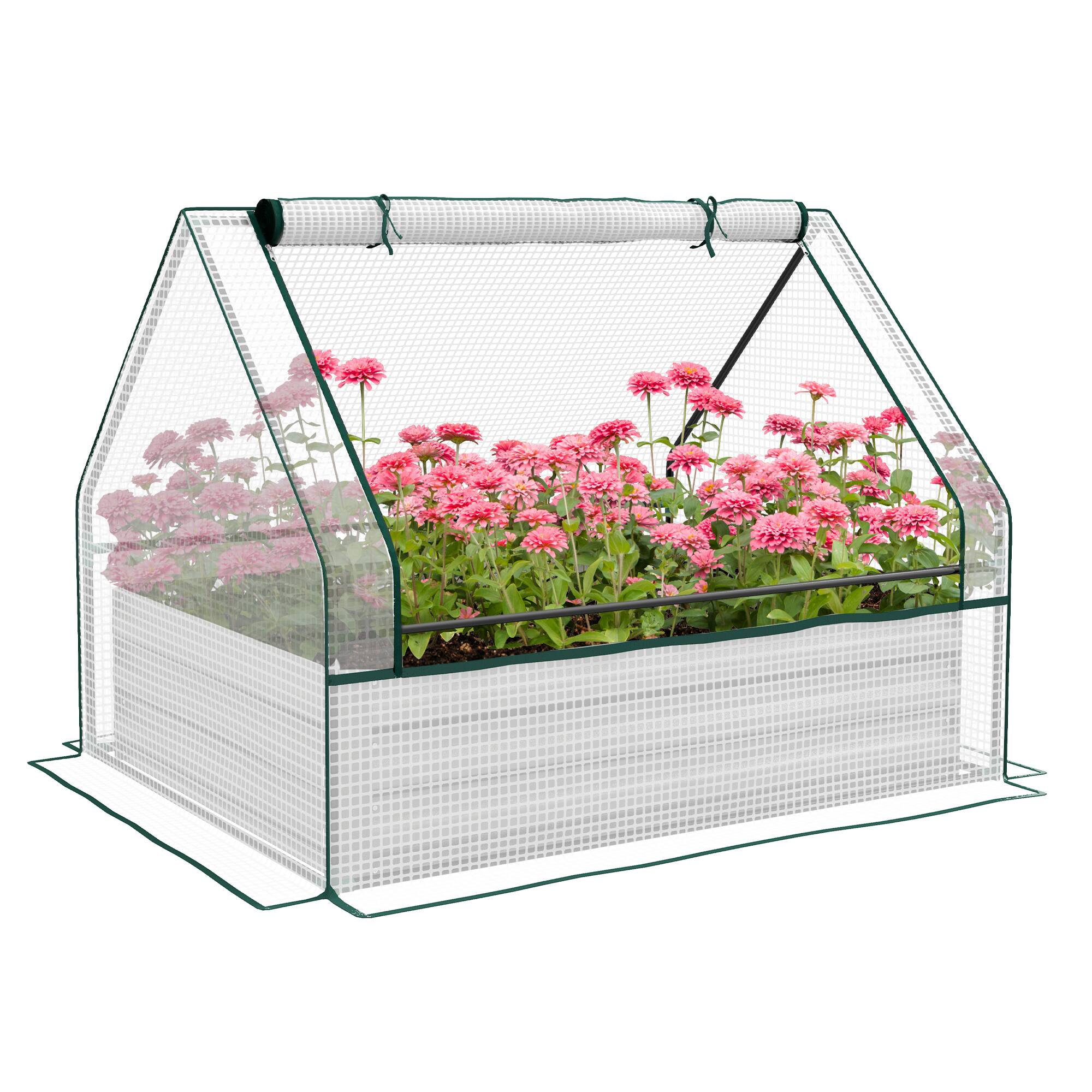 Front. Outsunny - 4 x 3 x 1ft Raised Garden Bed with Mini Greenhouse, Galvanized Outdoor Planter Box with Cover, for Herbs and Vegetables - White and Silver.