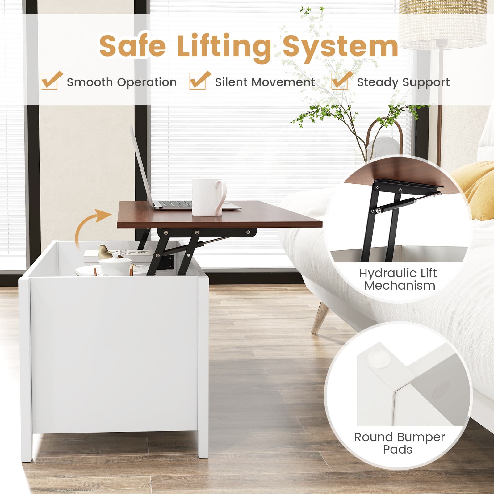 Safe Lifting System: Smooth Operation, Silent Movement, Steady Support, Hydraulic Lift Mechanism, Round Bumper Pads.