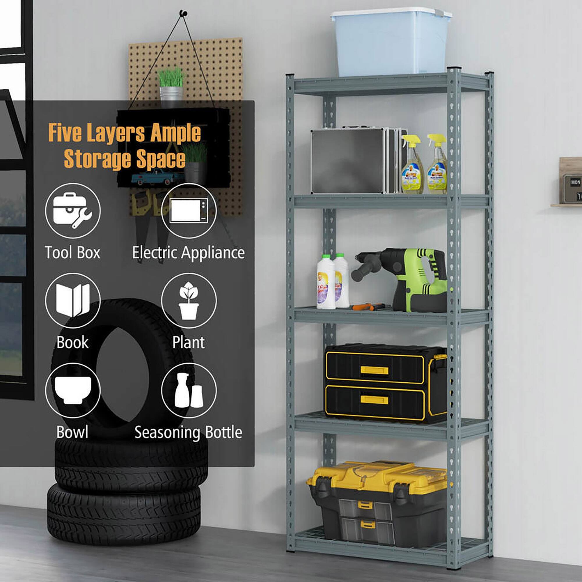 Alt View 5. Gymax - Gymax 4 PCS 5-Tier Metal Shelving Unit Heavy Duty Wire Storage Rack with Anti-slip Foot Pads - Gray.