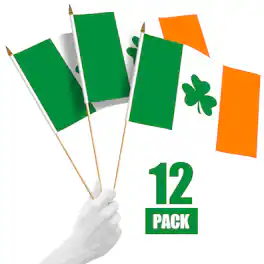 G128 - 12-Pack Handheld Ireland Shamrock Stick Flags 12x18 in Printed 150D Polyester with Wooden Poles and Gold Tips - Assorted Colors