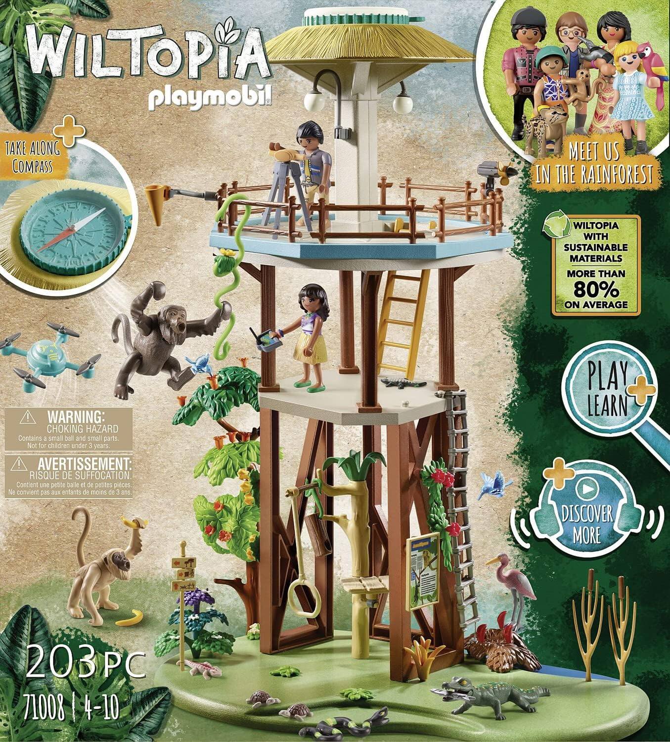 WILTOPIA playmobi! + TAKE ALONG COMPASS  
MEET US IN THE RAINFOREST  
WILTOPIA WITH SUSTAINABLE MATERIALS  
MORE THAN 80% ON AVERAGE  
WARNING: CHOKING HAZARD Contains - small ball and small parts. Not for children under 3 years.  
AVERTISSEMENT: RISQUE DE SUFFOCATION. Contient une petite balle et de petites pièces. Ne convient pas aux enfants de moins de 3 ans.  
PLAY + LEARN + DISCOVER MORE  
203PC 71008 4-10