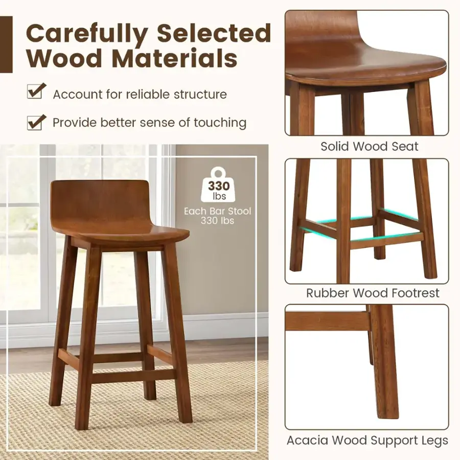 Carefully Selected Wood Materials:

* Account for reliable structure
* Provide better sense of touching
* Solid Wood Seat: 330 lbs
* Each Bar Stool: 330 lbs
* Rubber Wood Footrest
* Acacia Wood Support Legs
