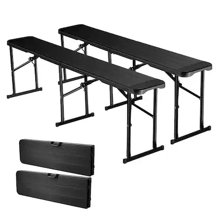 Front. VEVOR - Plastic Folding Bench, 6 ft Portable Bench for Outdoor Picnic Party Camping Dining, Foldable Smooth HDPE Seat - Black Wood Grain.