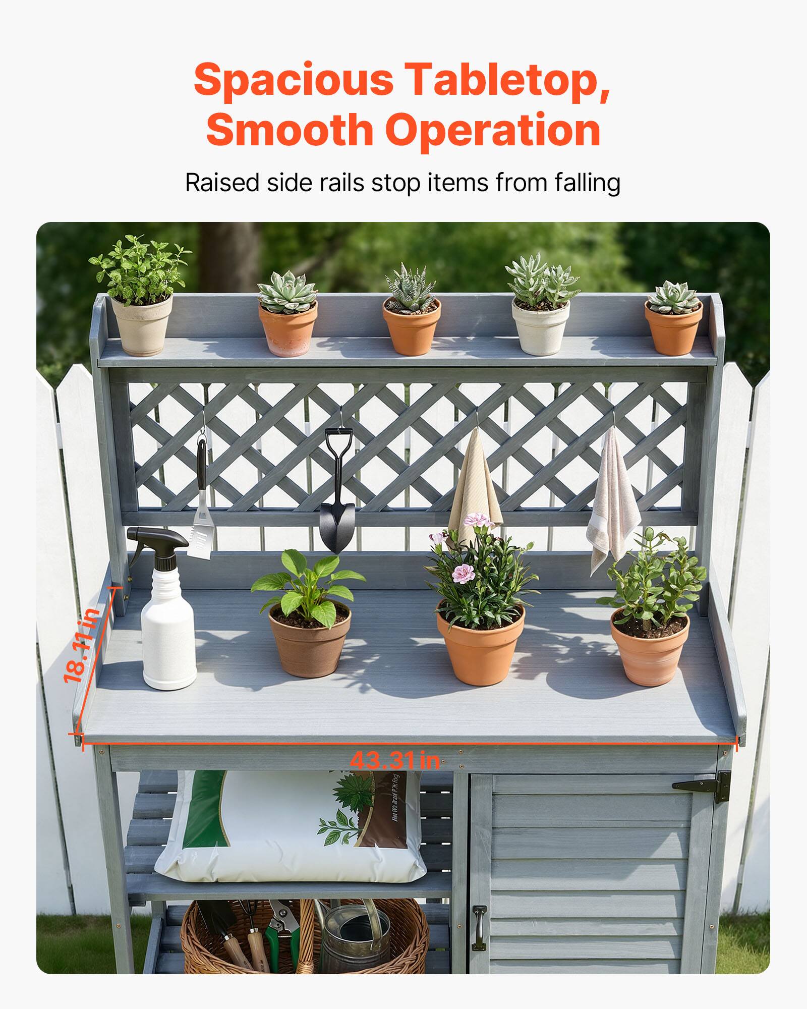 Spacious Tabletop, Smooth Operation  
Raised side rails stop items from falling  

18.11in x 11in x 43.31in