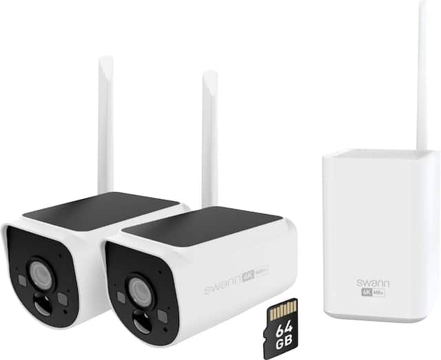 Swann - MaxRanger Version 2 4K Solar Wireless Security System W/ Base Station & 2 Forever Charged Solar Powered Cameras, 64GB - White