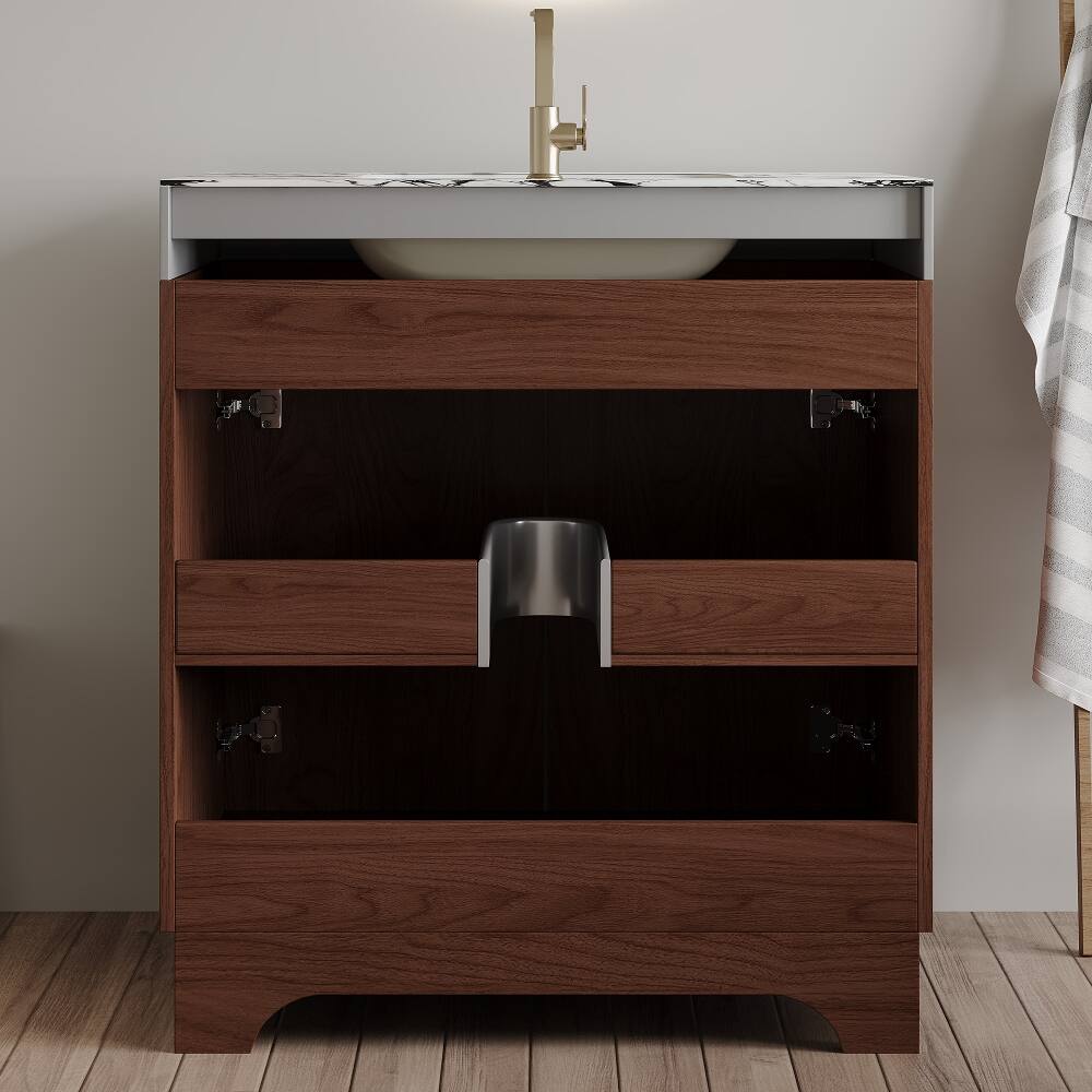 Alt View 4. Loheer - Loheer 30 inch freestanding bathroom vanity Walnut Plywood Cabinet Sintered Stone Top - Walnut, White.