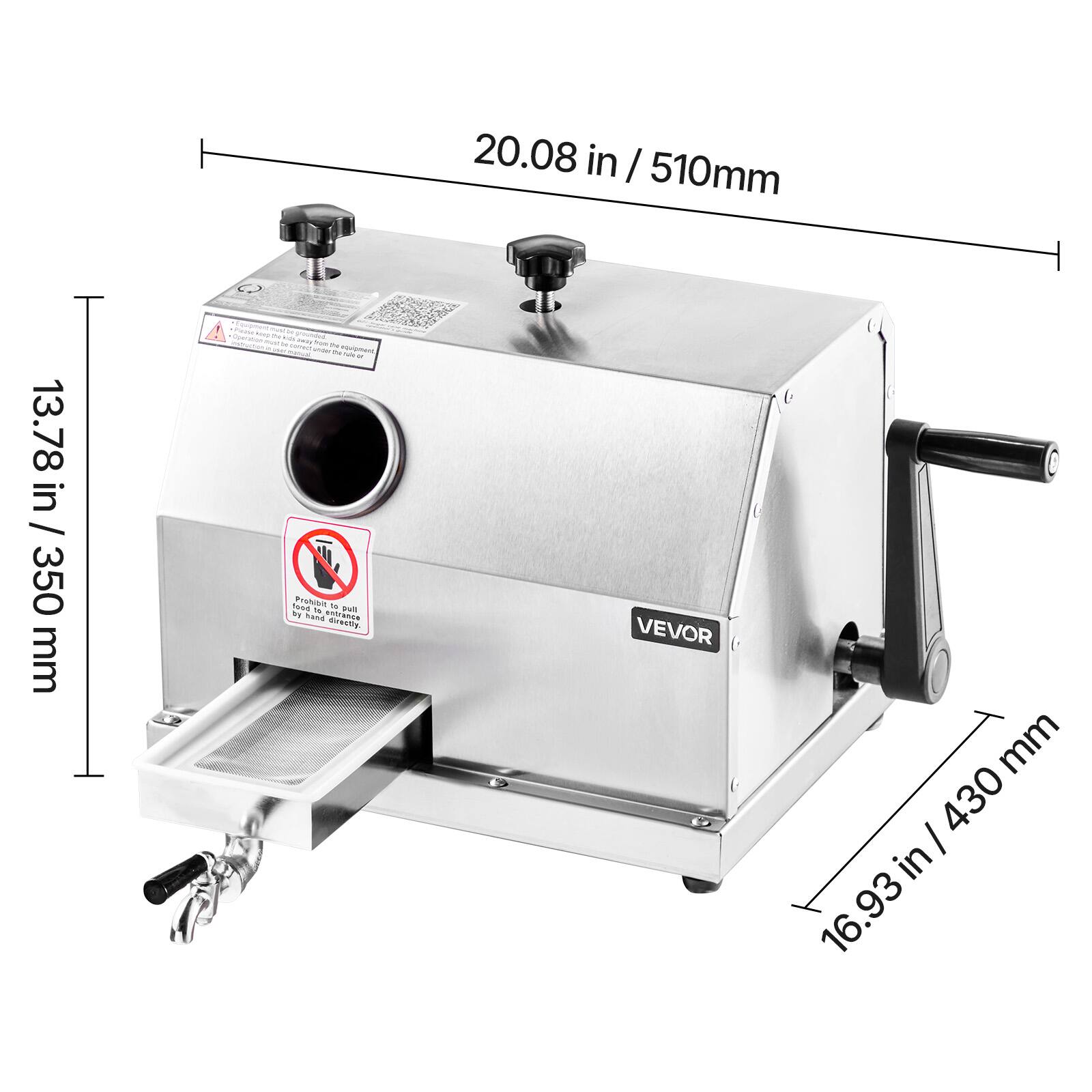 20.08 in / 510mm  
13.78 in / 350 mm  
16.93 in / 430 mm  

VEVOR  

Do not pull the food by hand directly.