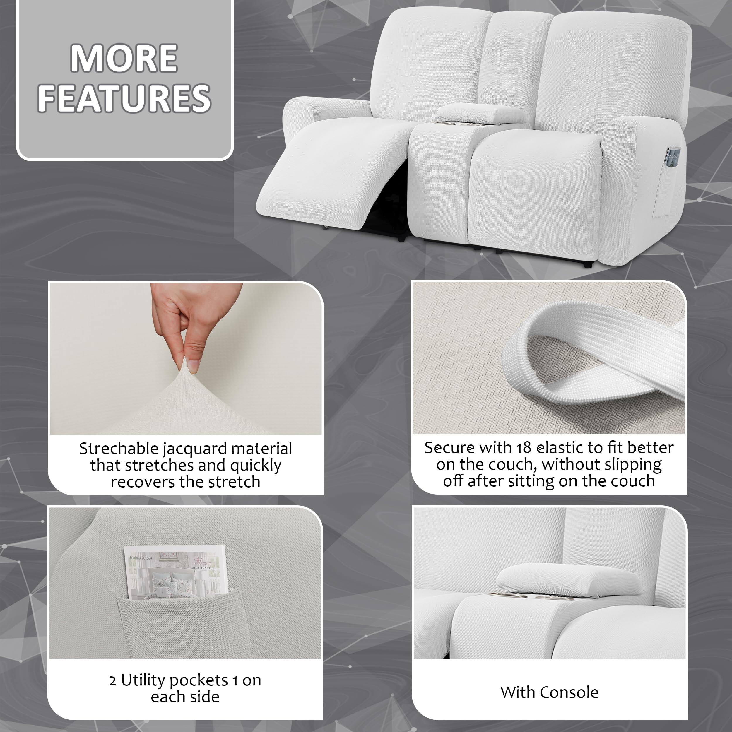 MORE FEATURES

- Stretchable jacquard material that stretches and quickly recovers the stretch
- Secure with 18 elastic to fit better on the couch, without slipping off after sitting on the couch
- 2 Utility pockets 1 on each side
- With Console