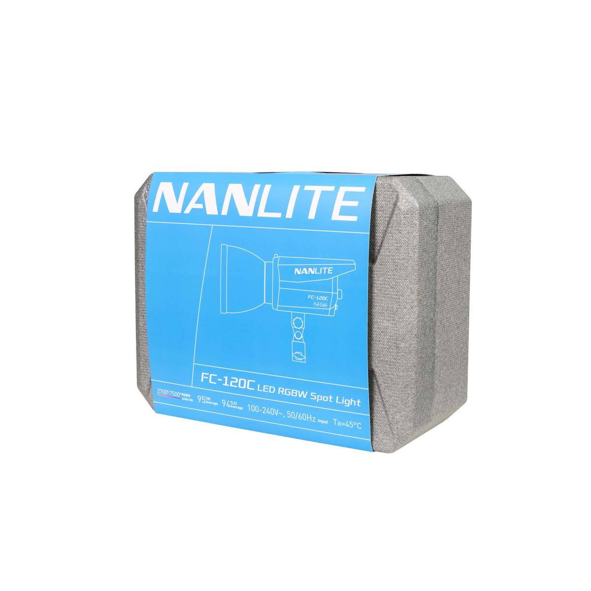 NANLITE FC-120C LED RGBW Spot Light  
7200-7500 TNO  
95%  
100-240V, 50/60Hz  
T=45°C