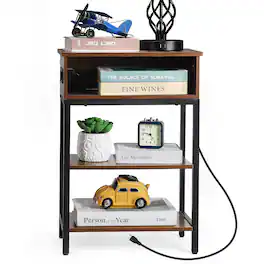 Oumilen - Rustic 3-Tier End Table with Built-in Charging Station - Brown