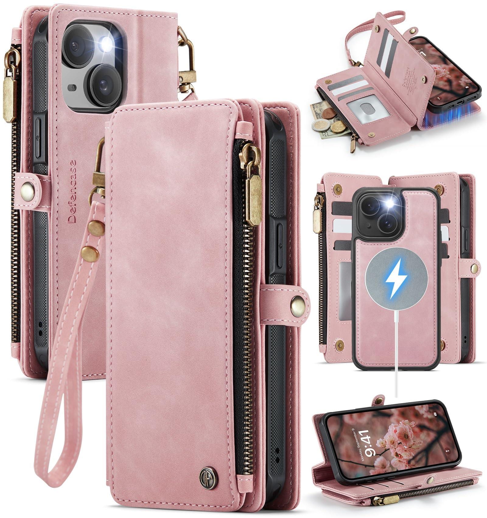 VEGA AUTOMOTIVE - For Magnetic Wallet Case Compatible With Magsafe Rfid Blocking Zipper Card Holder Women Men Pu Leather Stra - (Detachable with Magsafe)-Pink