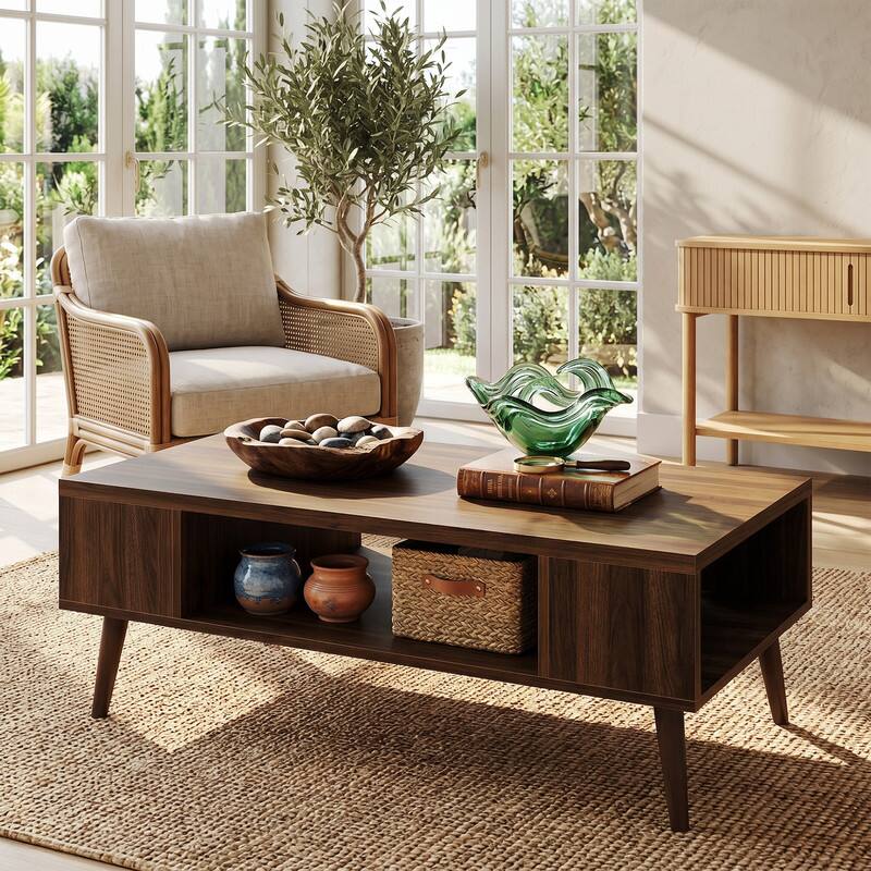 Alt View 4. WELLFOR - 42" Mid Century Modern Coffee Table with Open Compartment, Rectangular Wooden Center Table for Living Room - Walnut.