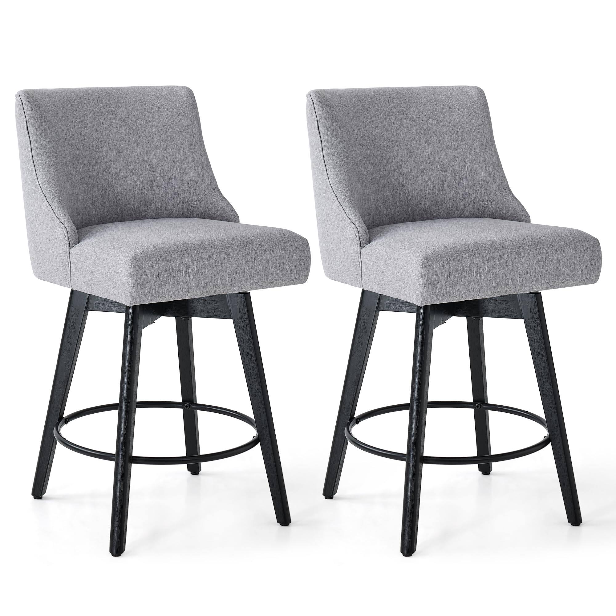 Front. JETRANSPORT - Counter Height Bar Stools Set Of 2 26" H Swivel With Backs Linen Fabric Upholstered Chairs Solid Wood - Light Grey Set of 2.