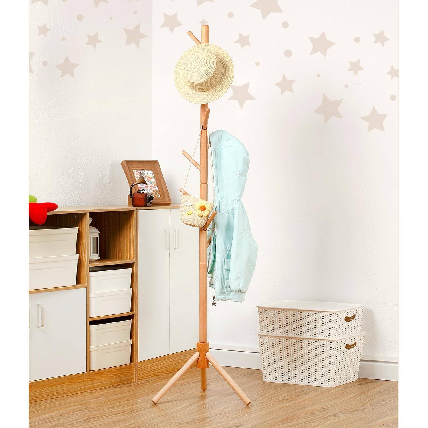 Alt View 4. Hirose Alice - Beech Wood Coat Rack - Adjustable Height Stand With 9 Hooks Freestanding Children's Clothing Organizer For - White.