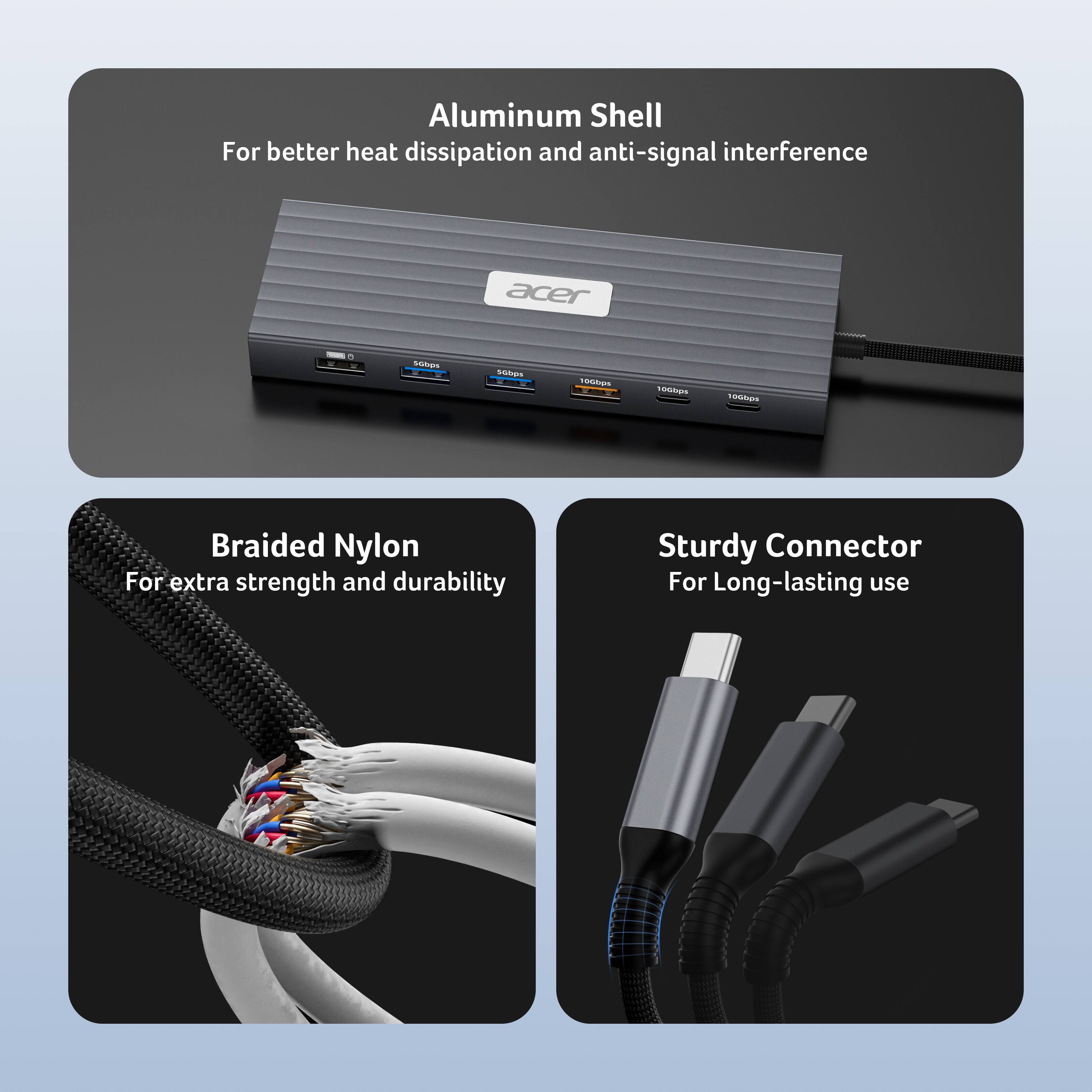 Aluminum Shell For better heat dissipation and anti-signal interference  
Braided Nylon For extra strength and durability  
Sturdy Connector For Long-lasting use
