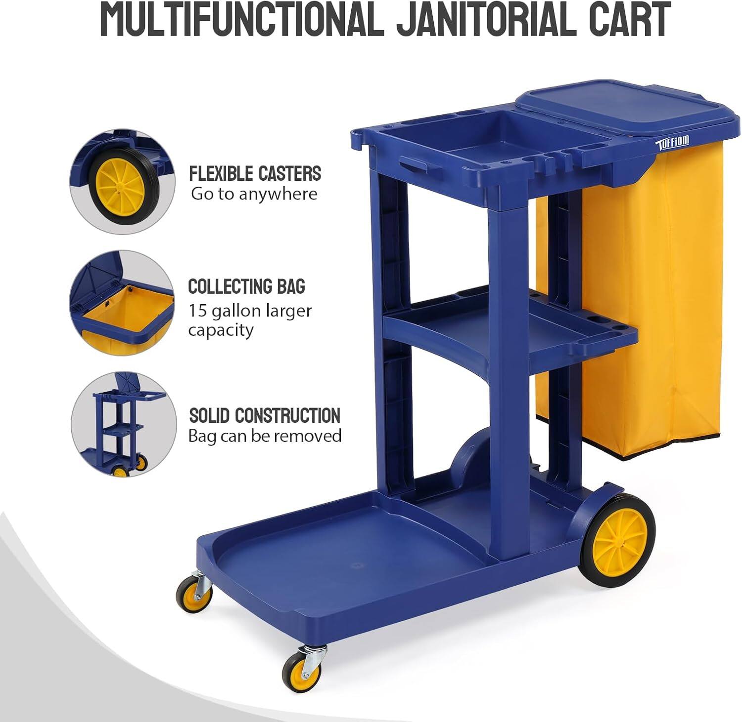 MULTIFUNCTIONAL JANITORIAL CART

- FLEXIBLE CASTERS
  Go to anywhere

- COLLECTING BAG
  15 gallon larger capacity

- SOLID CONSTRUCTION
  Bag can be removed
