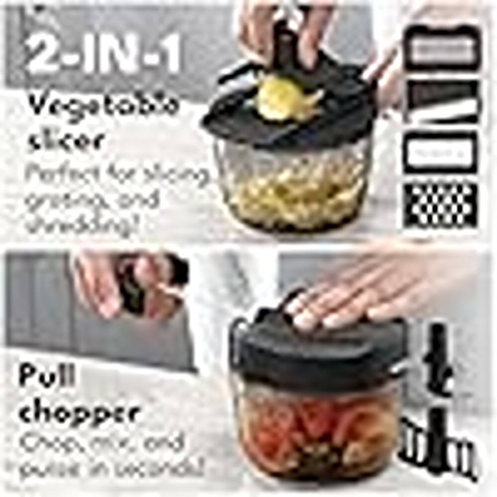 2-IN-1  
Vegetable slicer  
Perfect for slicing, grating, and shredding!  

Pull chopper  
Chop, mix, and puree in seconds!
