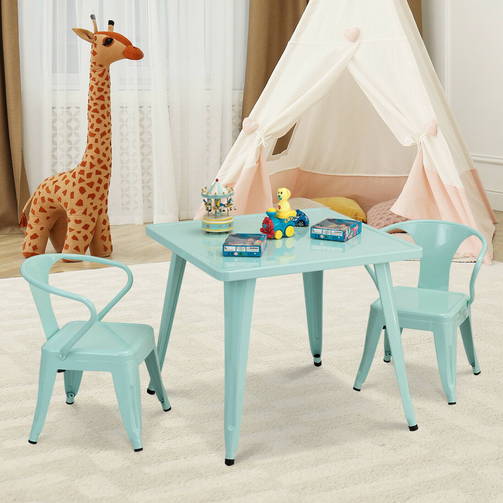 Alt View 2. Gymax - Gymax 3 Pcs Kids Dining Set Square Table & 2 Tolix Armchairs Play Learn Activity Home - Blue.