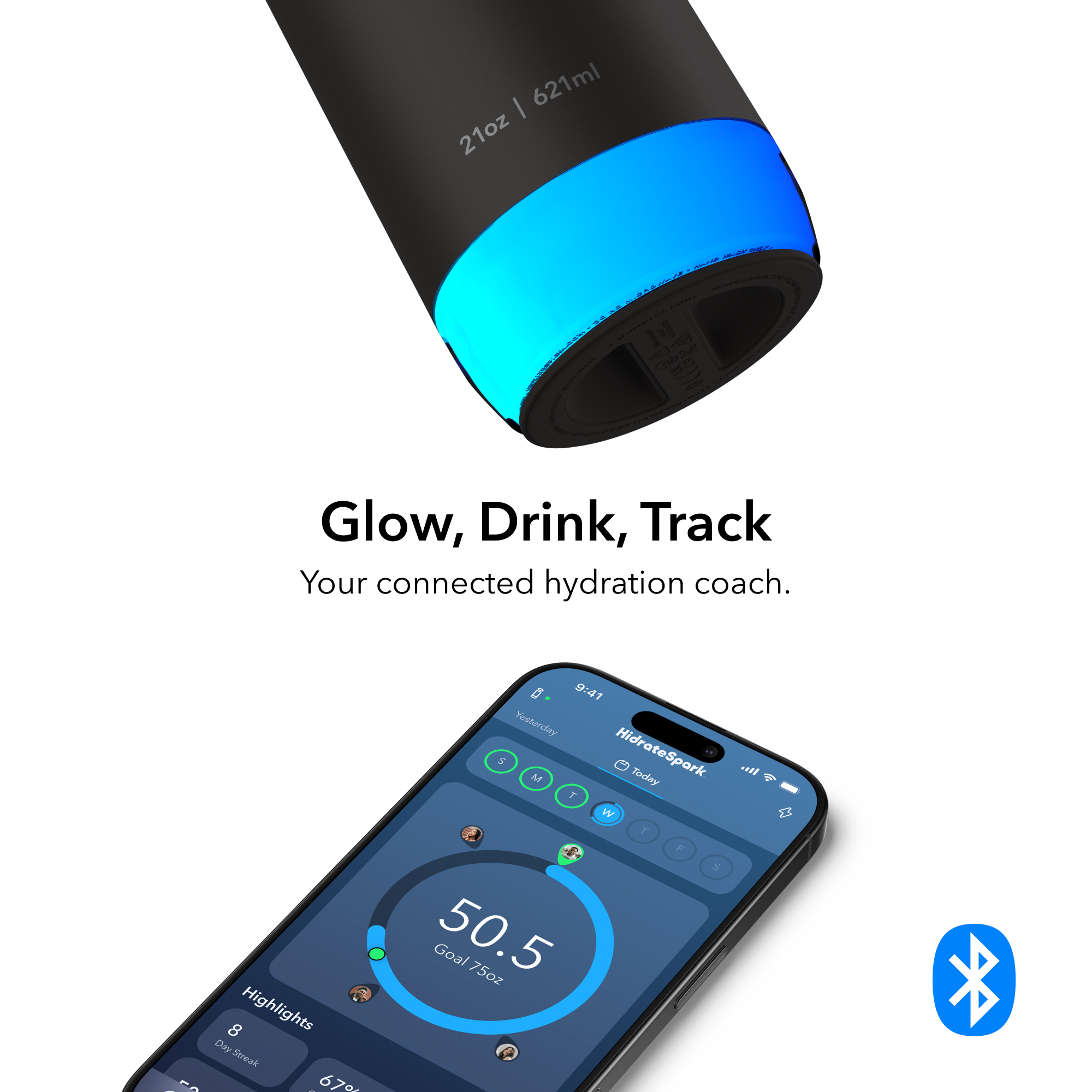 Sure, here is the corrected and grouped text:

**Water Bottle:**
- 21oz | 621ml

**App Display:**
- 9:41
- HidrateSpark
- Today
- 50.5 Goal / 75oz
- Highlights
  - 8 Day-Span
  - 67%
- 621ml