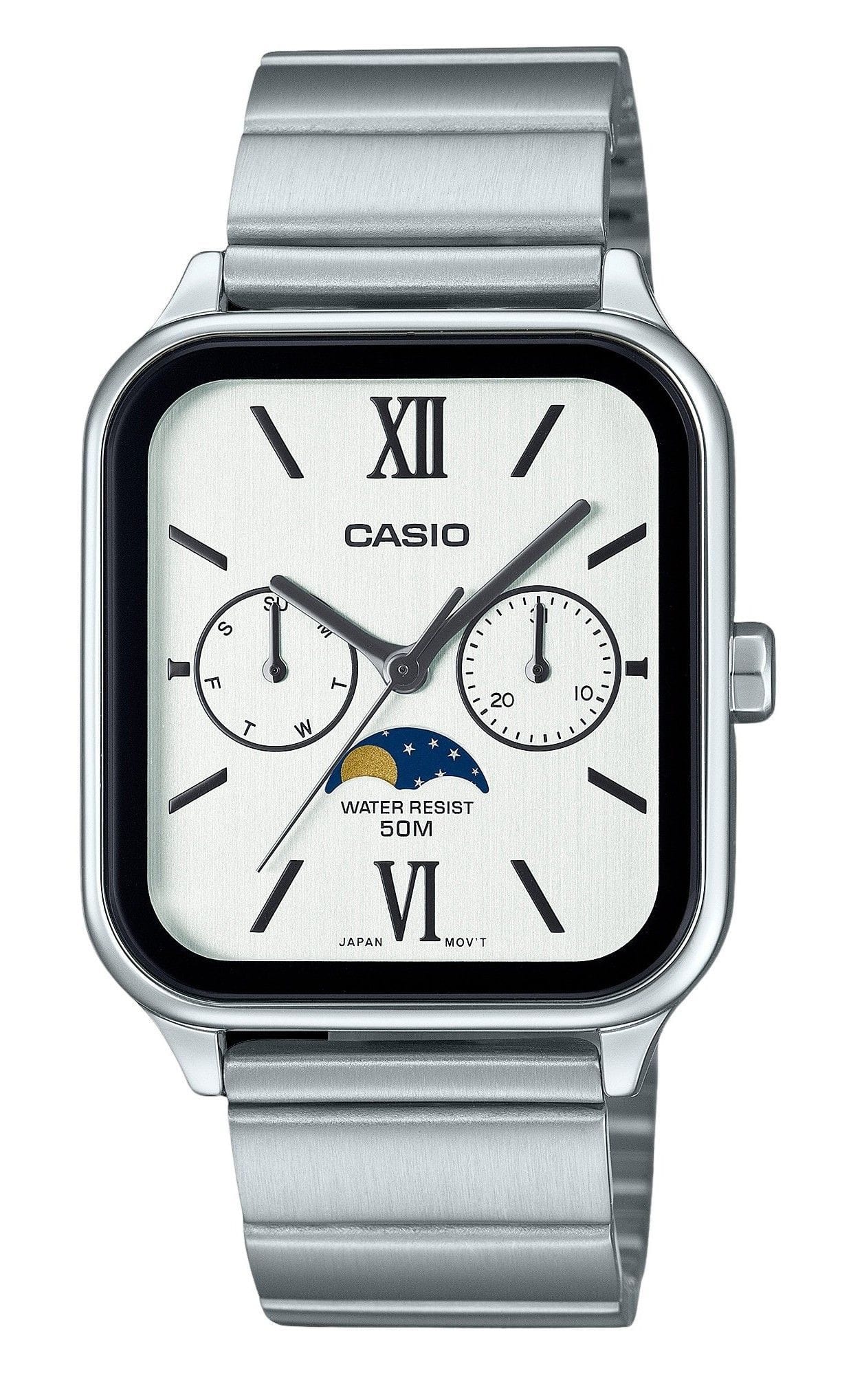 Casio - Standard Analog Moon Phase Stainless Steel White Dial Quartz MTP-M305D-7A2V Men's Watch - Silver, White