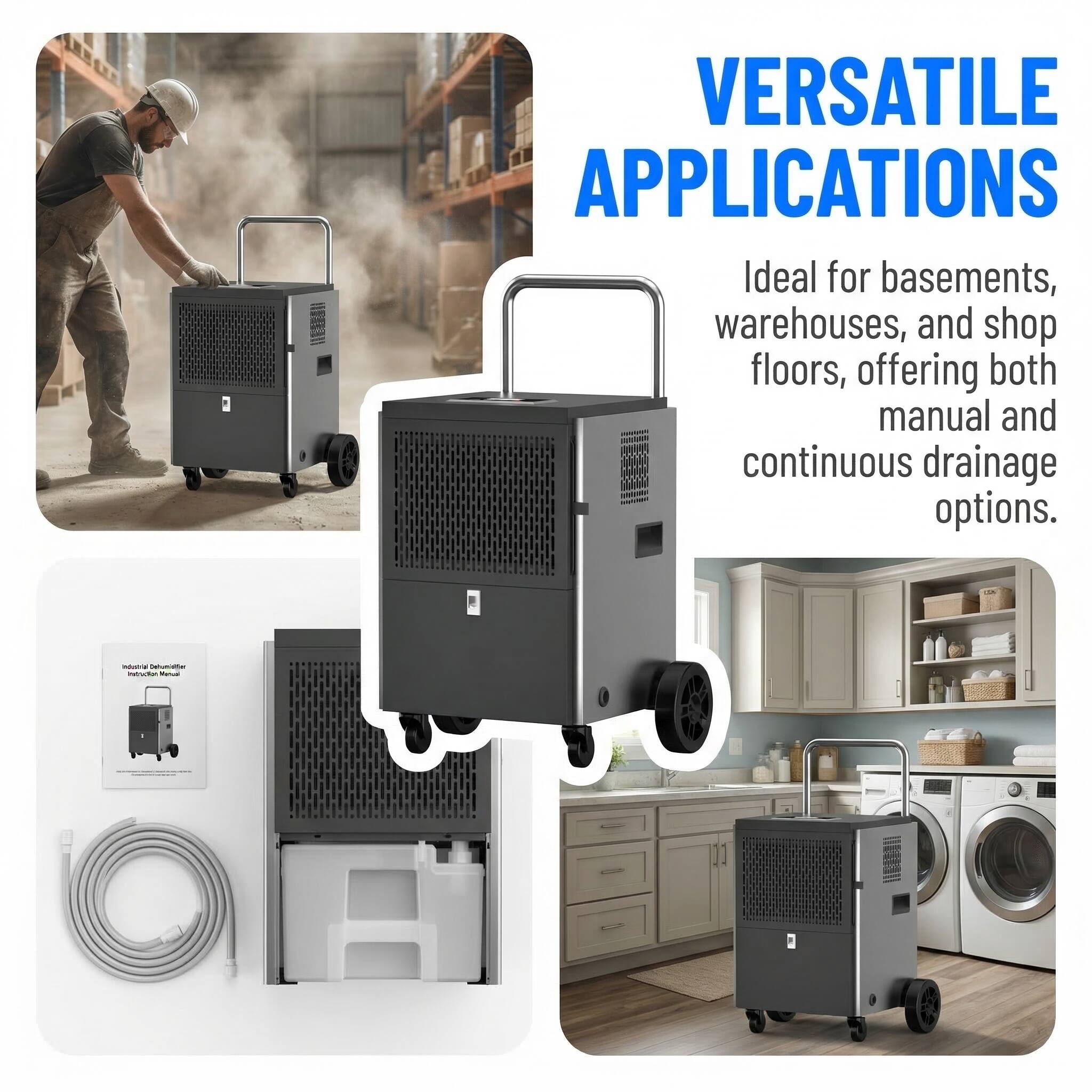 VERSATILE APPLICATIONS

Ideal for basements, warehouses, and shop floors, offering both manual and continuous drainage options.