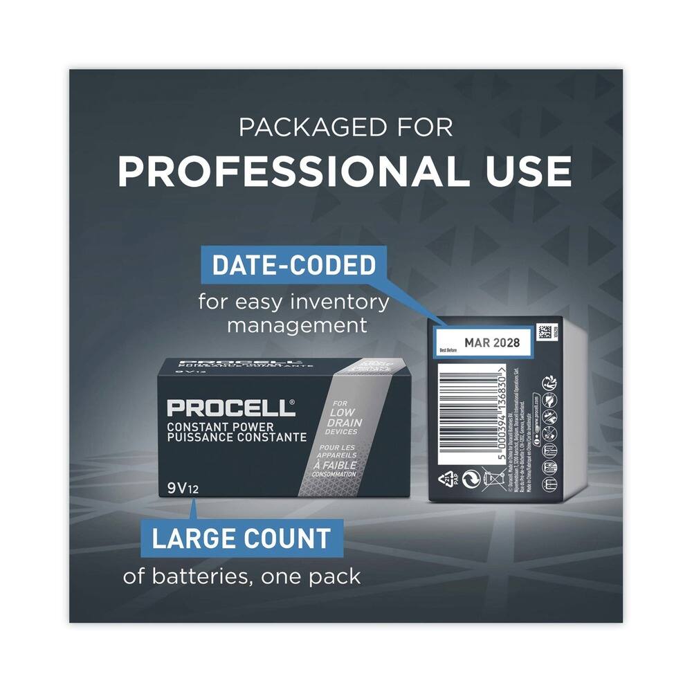 PACKAGED FOR PROFESSIONAL USE

DATE-CODED for easy inventory management

MAR 2028

PROCELL®
CONSTANT POWER
POISSANCE CONSTANTE

FOR LOW CONSTANT POWER DRAIN DEVICES
POUR LES APPAREILS A FAIBLE CONSOMMATION

9V12

LARGE COUNT of batteries, one pack
