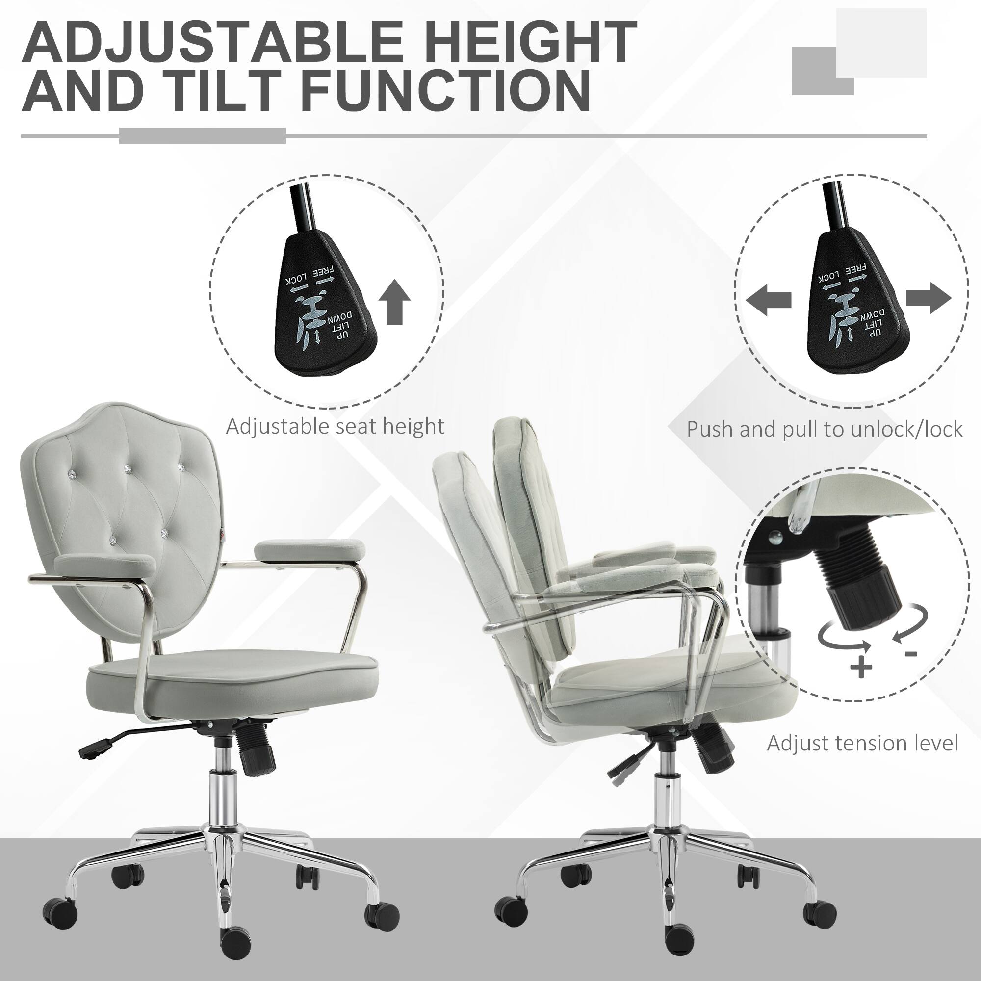 ADJUSTABLE HEIGHT AND TILT FUNCTION

Adjustable seat height
Push and pull to unlock/lock
Adjust tension level