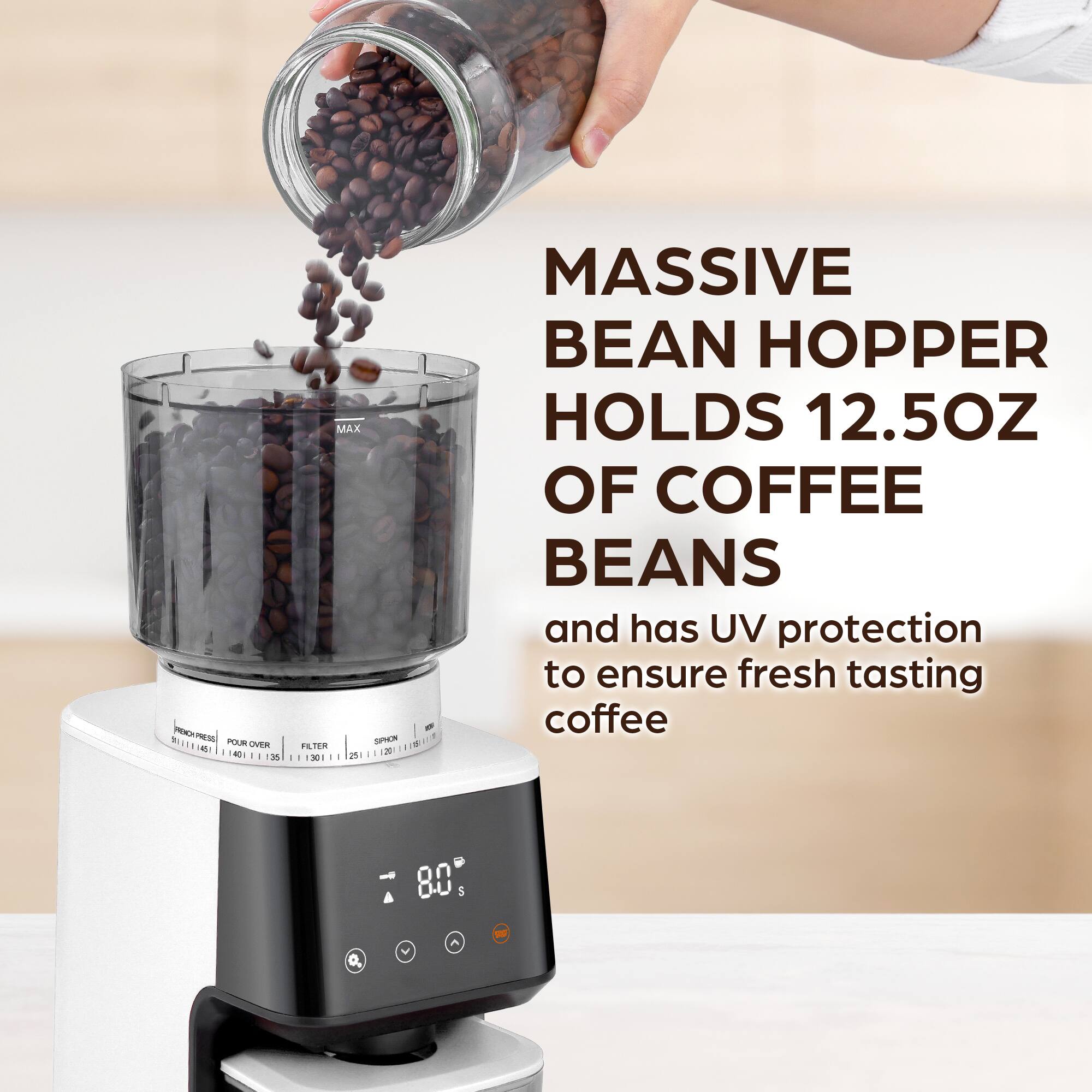 Zulay Kitchen - Conical Espresso Burr Coffee Grinder - Touchscreen, 51 Bean Grind Settings, Precision Electric Timer - White - Thumbnail 5