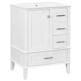 Ecooso - 24.8" Bathroom Vanity with Ceramic Sink, 3 Drawers, Soft-Close Door, Freestanding Space-Saving Cabinet - White